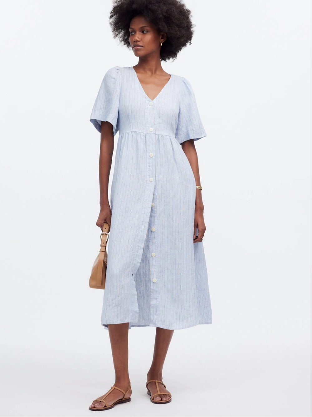 Madewell Cassie Button-Front Midi Dress 100% Linen Blue Striped Size Small - Picture 1 of 13